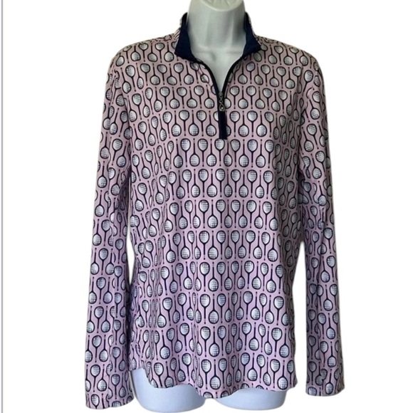 San Soleil UPF 50+ 1/4 zip top pink navy racket print tennis pickleball Size M - Picture 1 of 7
